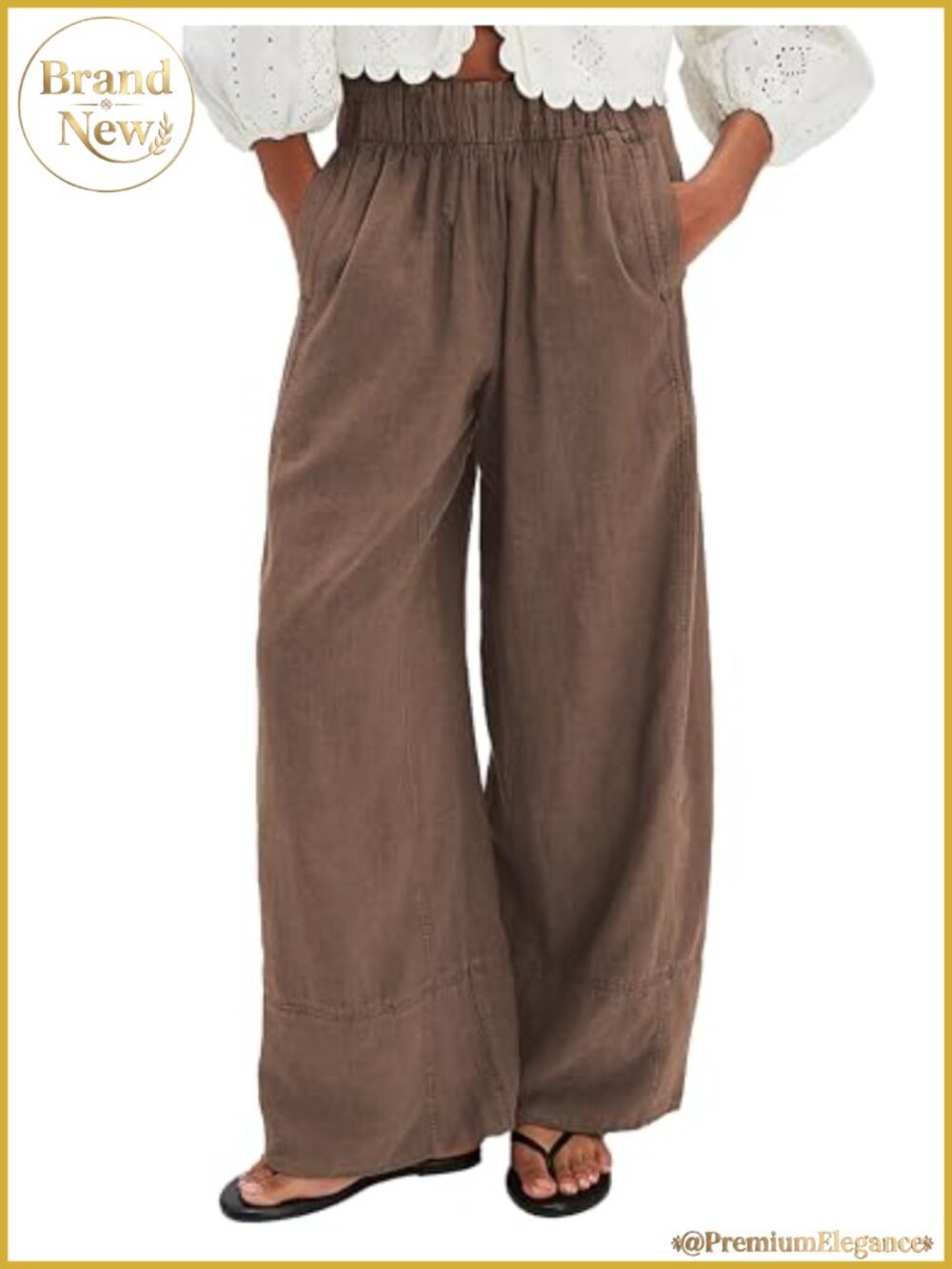 Womens Wide Leg Linen Pants Mid Rise Elastic Waist Drawstring Pockets